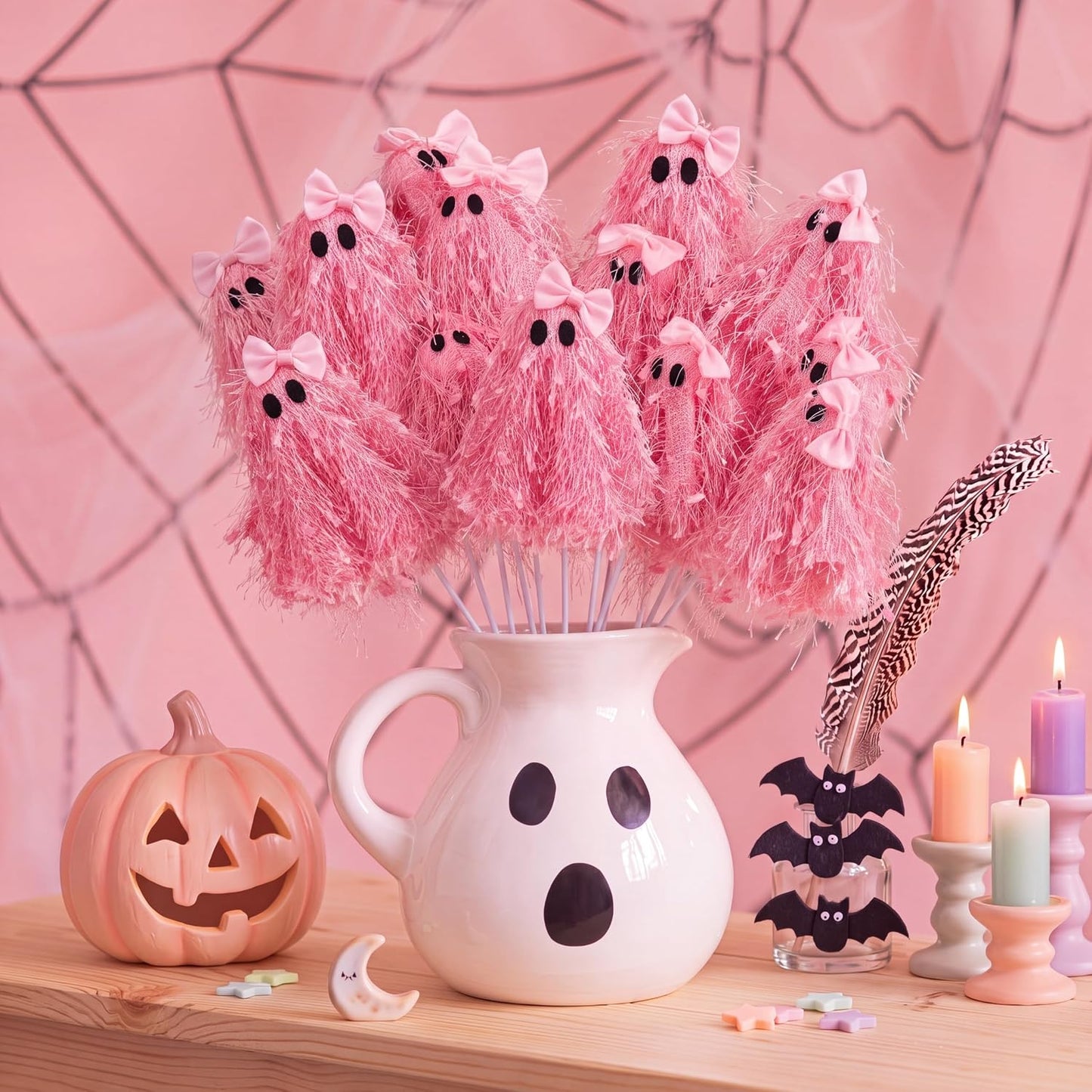 12 Pcs Halloween Pink Ghost Stems 12 Inch Cute Glitter Ghost Picks