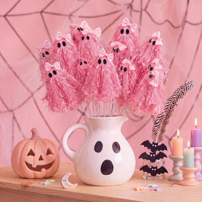 12 Pcs Halloween Pink Ghost Stems 12 Inch Cute Glitter Ghost Picks