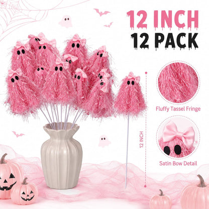 12 Pcs Halloween Pink Ghost Stems 12 Inch Cute Glitter Ghost Picks