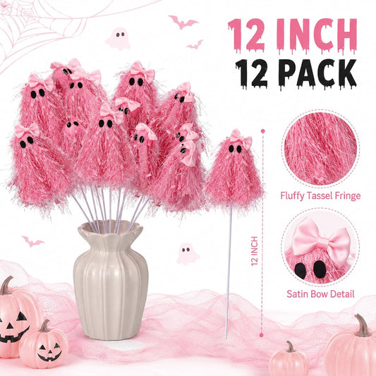 12 Pcs Halloween Pink Ghost Stems 12 Inch Cute Glitter Ghost Picks