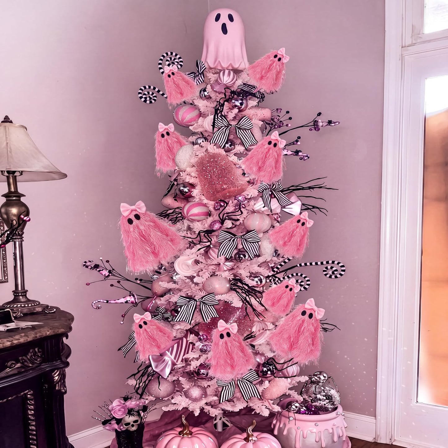 12 Pcs Halloween Pink Ghost Stems 12 Inch Cute Glitter Ghost Picks