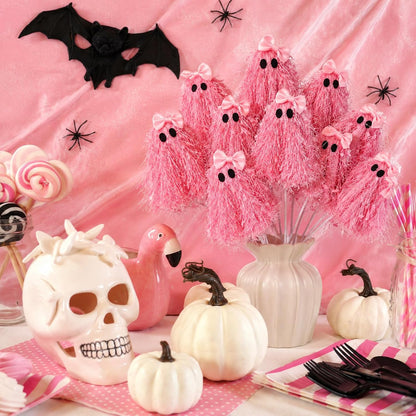 12 Pcs Halloween Pink Ghost Stems 12 Inch Cute Glitter Ghost Picks