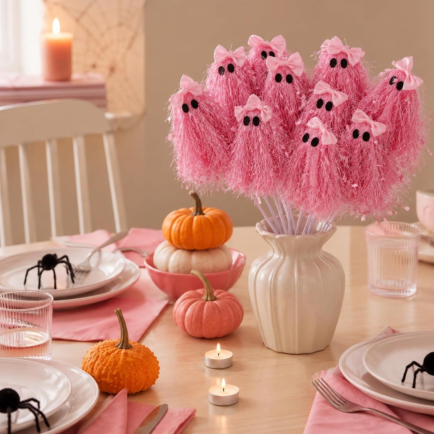 12 Pcs Halloween Pink Ghost Stems 12 Inch Cute Glitter Ghost Picks