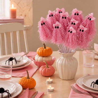 12 Pcs Halloween Pink Ghost Stems 12 Inch Cute Glitter Ghost Picks