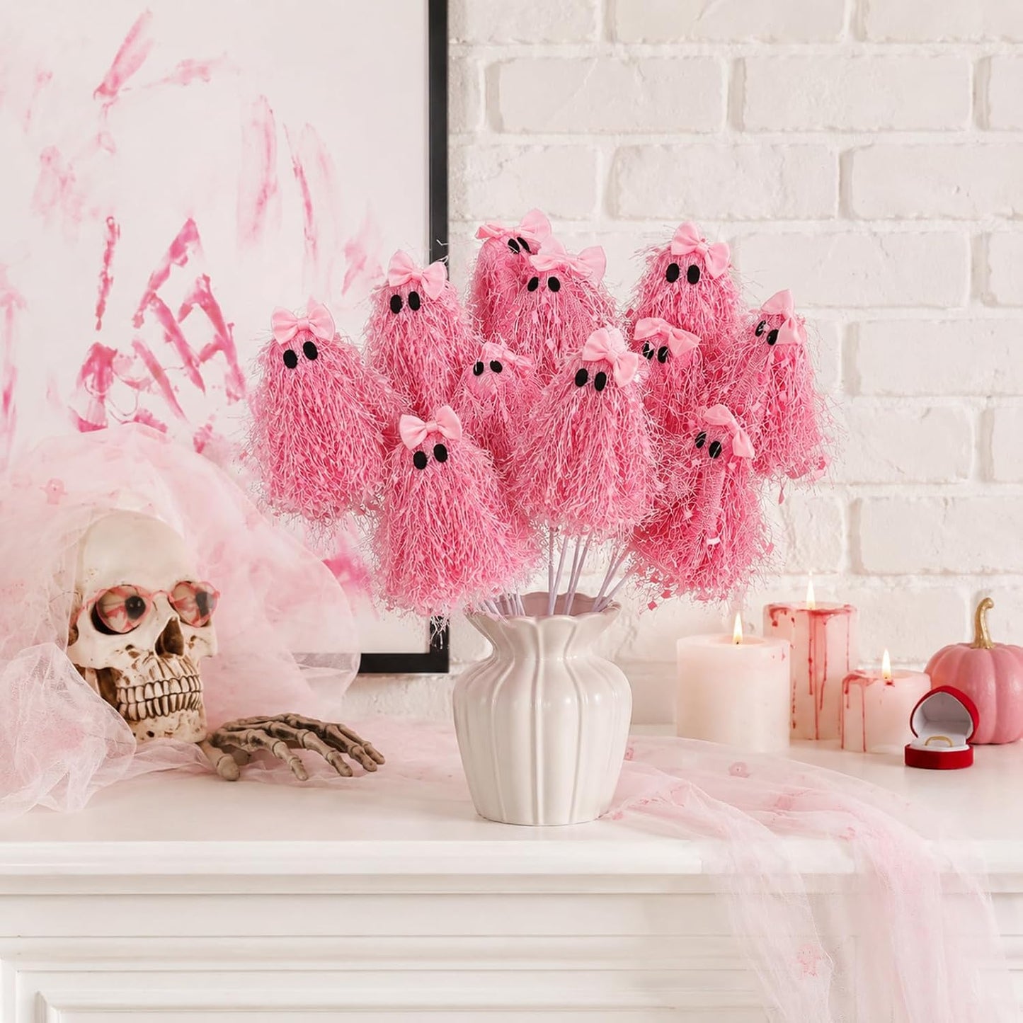 12 Pcs Halloween Pink Ghost Stems 12 Inch Cute Glitter Ghost Picks