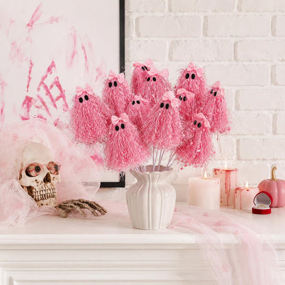 12 Pcs Halloween Pink Ghost Stems 12 Inch Cute Glitter Ghost Picks