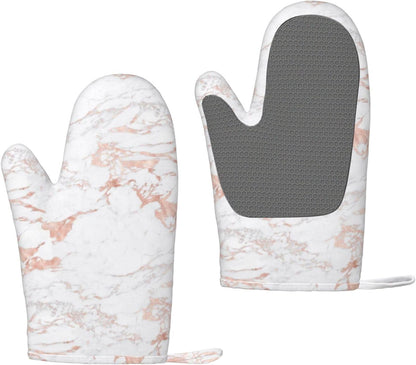White and Rose Gold Foil Marble Oven Mitts 2 Pack Kitchen Heat Resistant Oven Gloves with Non-Slip Silicone Surface