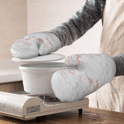 White and Rose Gold Foil Marble Oven Mitts 2 Pack Kitchen Heat Resistant Oven Gloves with Non-Slip Silicone Surface