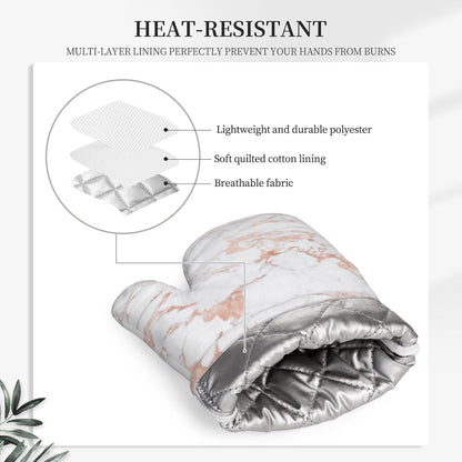 White and Rose Gold Foil Marble Oven Mitts 2 Pack Kitchen Heat Resistant Oven Gloves with Non-Slip Silicone Surface
