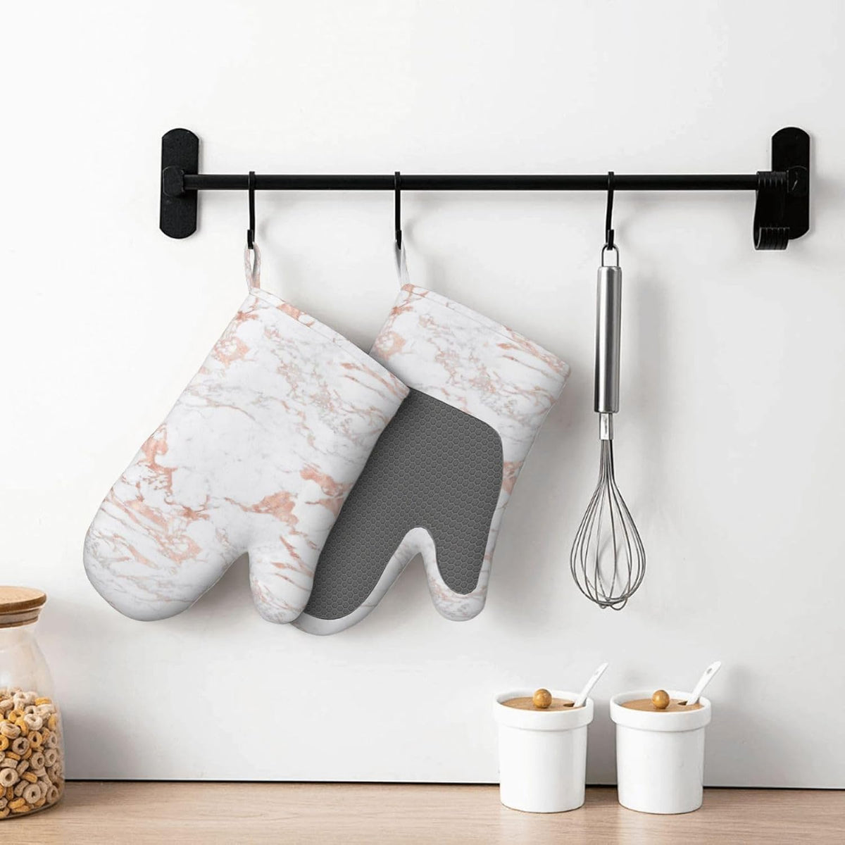 White and Rose Gold Foil Marble Oven Mitts 2 Pack Kitchen Heat Resistant Oven Gloves with Non-Slip Silicone Surface
