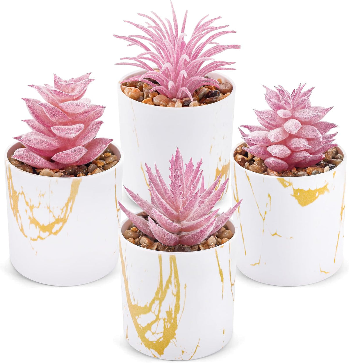 4 Pack Pink Fake Plants in Gold Accent Pots for Office Desk Decor