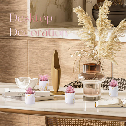 4 Pack Pink Fake Plants in Gold Accent Pots for Office Desk Decor