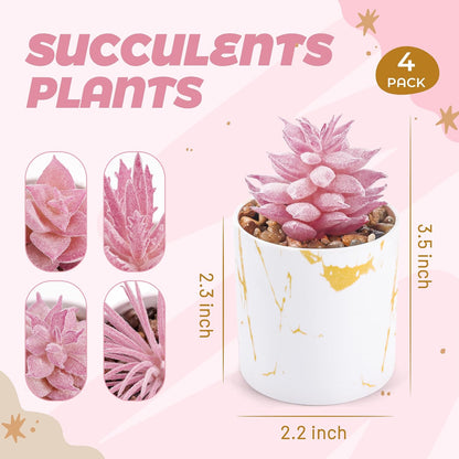 4 Pack Pink Fake Plants in Gold Accent Pots for Office Desk Decor