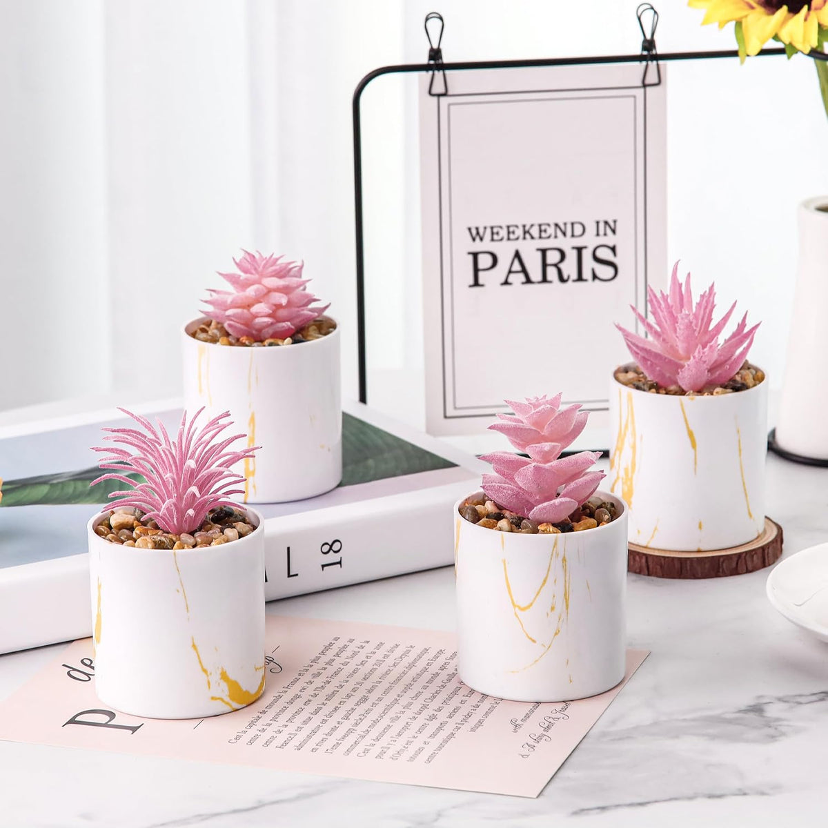 4 Pack Pink Fake Plants in Gold Accent Pots for Office Desk Decor