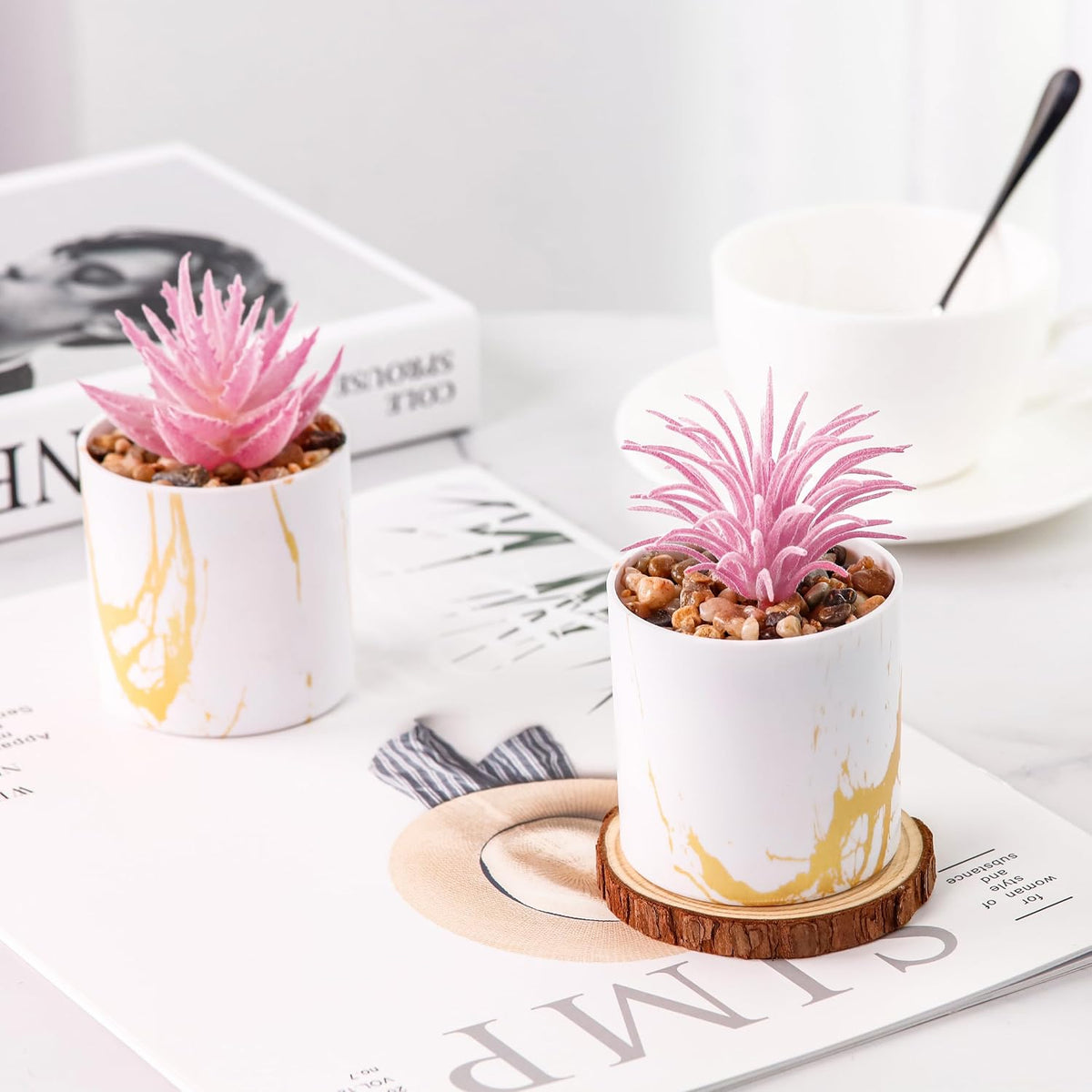 4 Pack Pink Fake Plants in Gold Accent Pots for Office Desk Decor