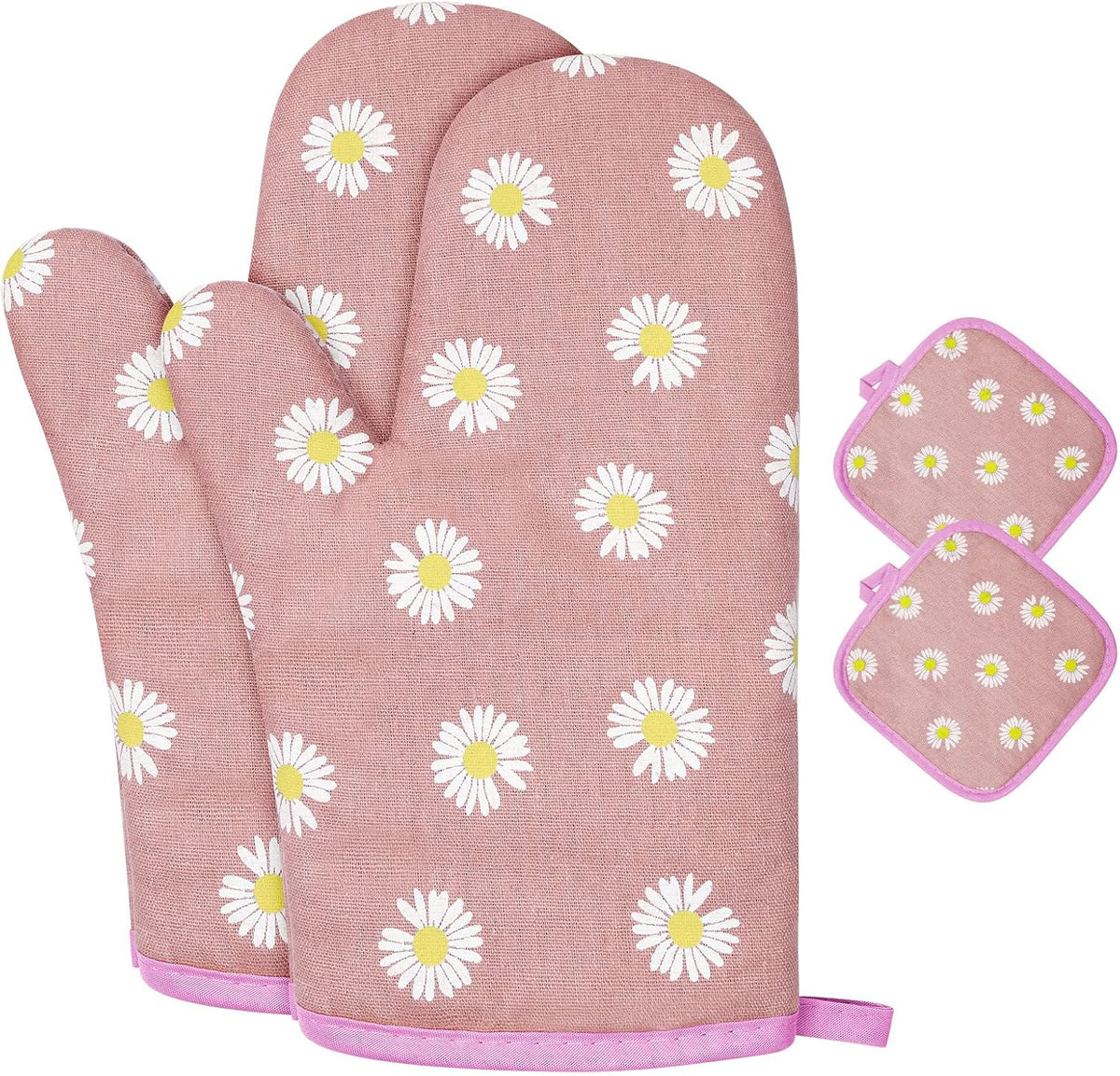 Oven Mitts and Potholders, BBQ Gloves Heat Resistant, 1 Pair Oven Mitts and 2 Pot Holders, Cotton Non-Slip Cooking Gloves for Cooking Baking Kitchen Microwave Pizza(Daisy-Pink)