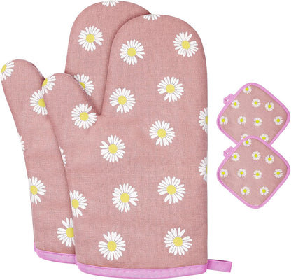 Oven Mitts and Potholders, BBQ Gloves Heat Resistant, 1 Pair Oven Mitts and 2 Pot Holders, Cotton Non-Slip Cooking Gloves for Cooking Baking Kitchen Microwave Pizza(Daisy-Pink)