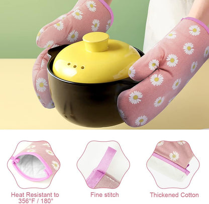 Oven Mitts and Potholders, BBQ Gloves Heat Resistant, 1 Pair Oven Mitts and 2 Pot Holders, Cotton Non-Slip Cooking Gloves for Cooking Baking Kitchen Microwave Pizza(Daisy-Pink)