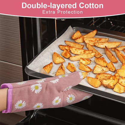 Oven Mitts and Potholders, BBQ Gloves Heat Resistant, 1 Pair Oven Mitts and 2 Pot Holders, Cotton Non-Slip Cooking Gloves for Cooking Baking Kitchen Microwave Pizza(Daisy-Pink)