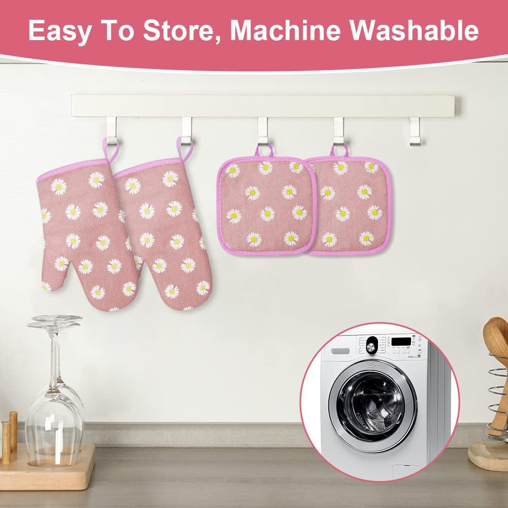 Oven Mitts and Potholders, BBQ Gloves Heat Resistant, 1 Pair Oven Mitts and 2 Pot Holders, Cotton Non-Slip Cooking Gloves for Cooking Baking Kitchen Microwave Pizza(Daisy-Pink)