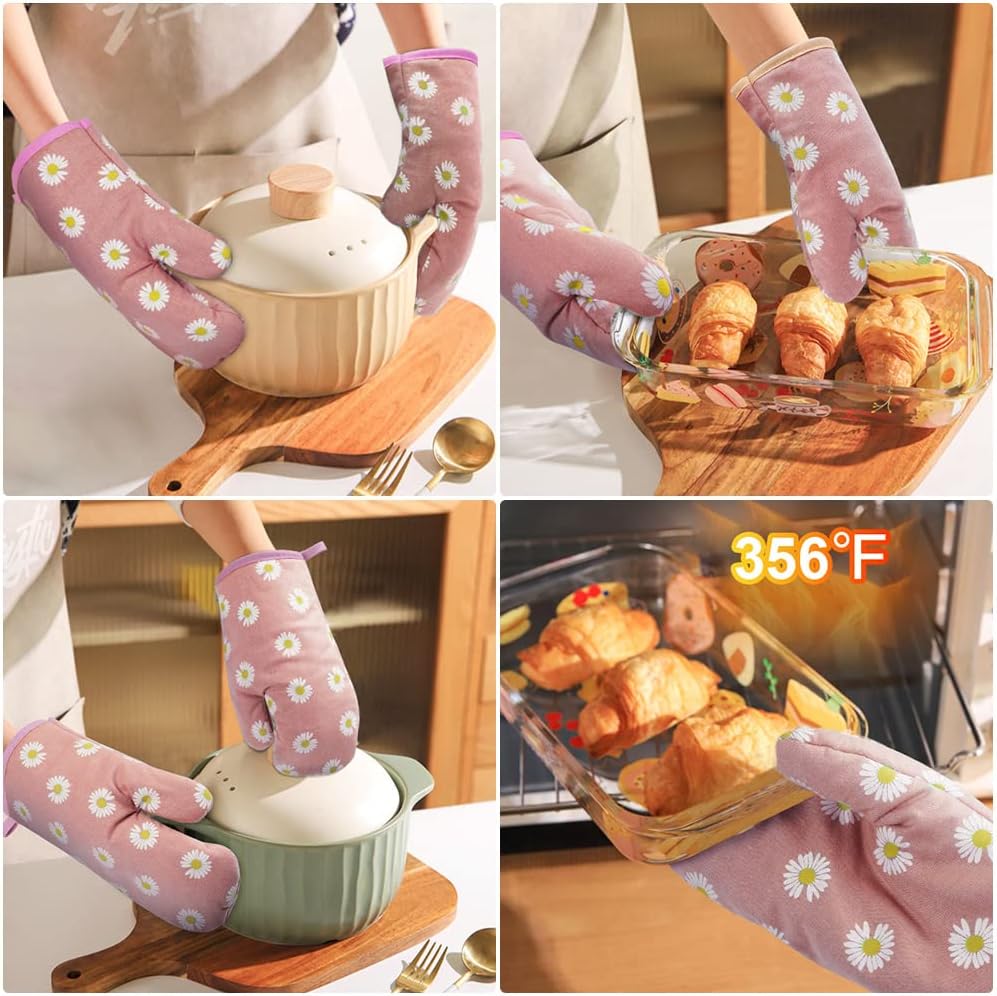 Oven Mitts and Potholders, BBQ Gloves Heat Resistant, 1 Pair Oven Mitts and 2 Pot Holders, Cotton Non-Slip Cooking Gloves for Cooking Baking Kitchen Microwave Pizza(Daisy-Pink)