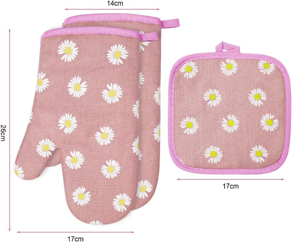Oven Mitts and Potholders, BBQ Gloves Heat Resistant, 1 Pair Oven Mitts and 2 Pot Holders, Cotton Non-Slip Cooking Gloves for Cooking Baking Kitchen Microwave Pizza(Daisy-Pink)