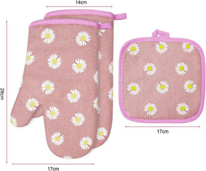 Oven Mitts and Potholders, BBQ Gloves Heat Resistant, 1 Pair Oven Mitts and 2 Pot Holders, Cotton Non-Slip Cooking Gloves for Cooking Baking Kitchen Microwave Pizza(Daisy-Pink)