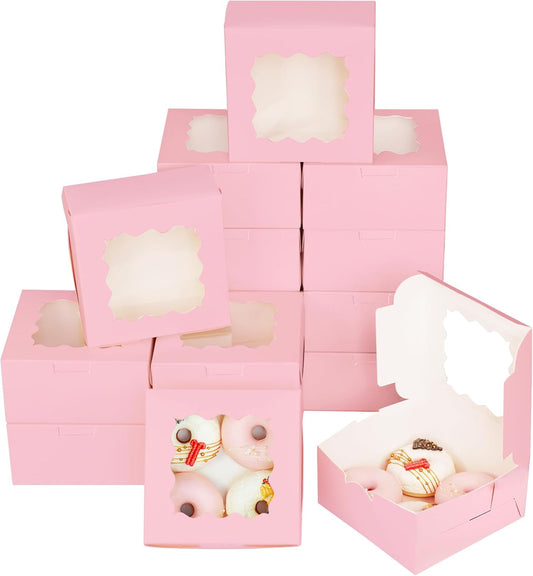 Pink 30-Packs Bakery Boxes with Window 6x6x3 inches Thick & Sturdy Macaroon Pastry Boxes Cookie Boxes for Bakerys