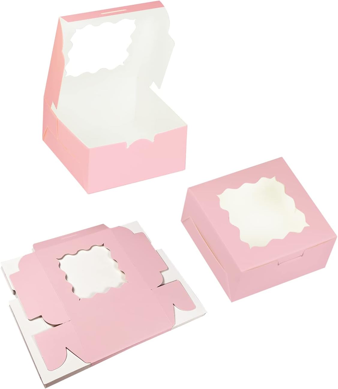 Pink 30-Packs Bakery Boxes with Window 6x6x3 inches Thick & Sturdy Macaroon Pastry Boxes Cookie Boxes for Bakerys