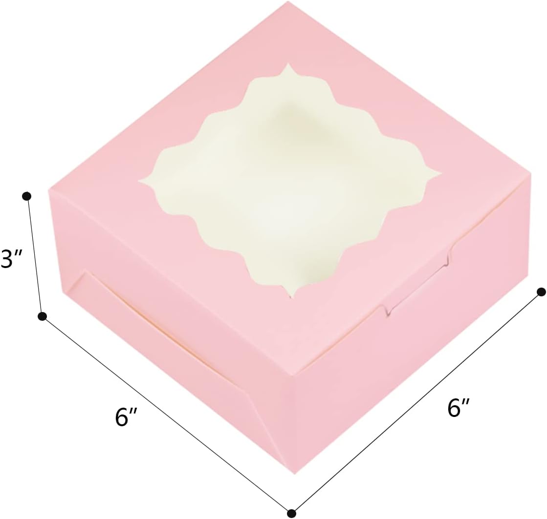 Pink 30-Packs Bakery Boxes with Window 6x6x3 inches Thick & Sturdy Macaroon Pastry Boxes Cookie Boxes for Bakerys