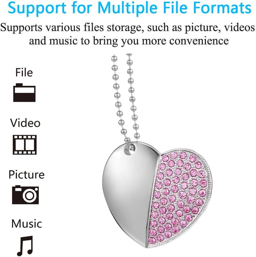 USB Flash Drive, 16GB/32GB/64GB/128GB USB2.0 Heart Shape Memory Stick Date Storage Pendrive Thumb Drives with Chain（64GB,Pink Heart