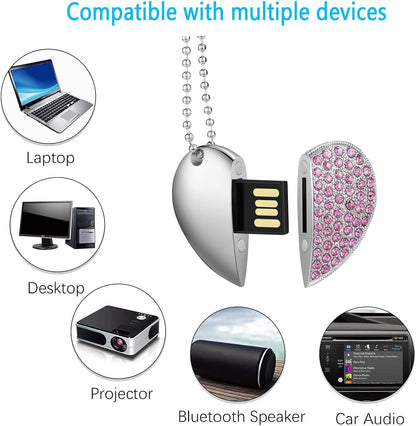 USB Flash Drive, 16GB/32GB/64GB/128GB USB2.0 Heart Shape Memory Stick Date Storage Pendrive Thumb Drives with Chain（64GB,Pink Heart