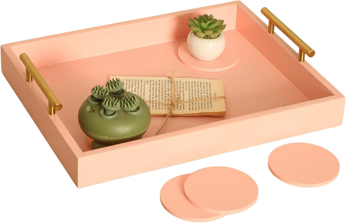 16.5"x13" Pionk Wooden Ottoman Tray, Gold Metal Handles 4 Coasters
