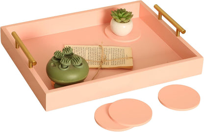 16.5"x13" Pionk Wooden Ottoman Tray, Gold Metal Handles 4 Coasters