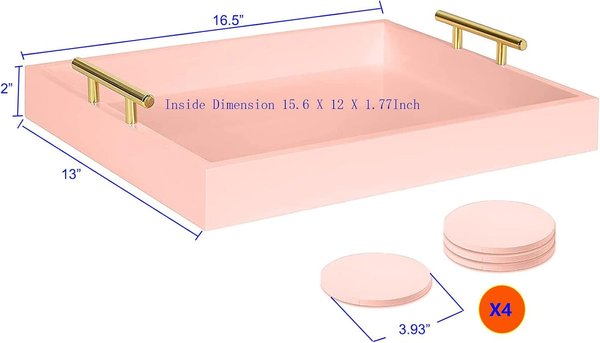 16.5"x13" Pionk Wooden Ottoman Tray, Gold Metal Handles 4 Coasters