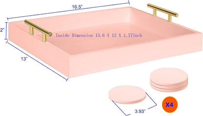 16.5"x13" Pionk Wooden Ottoman Tray, Gold Metal Handles 4 Coasters