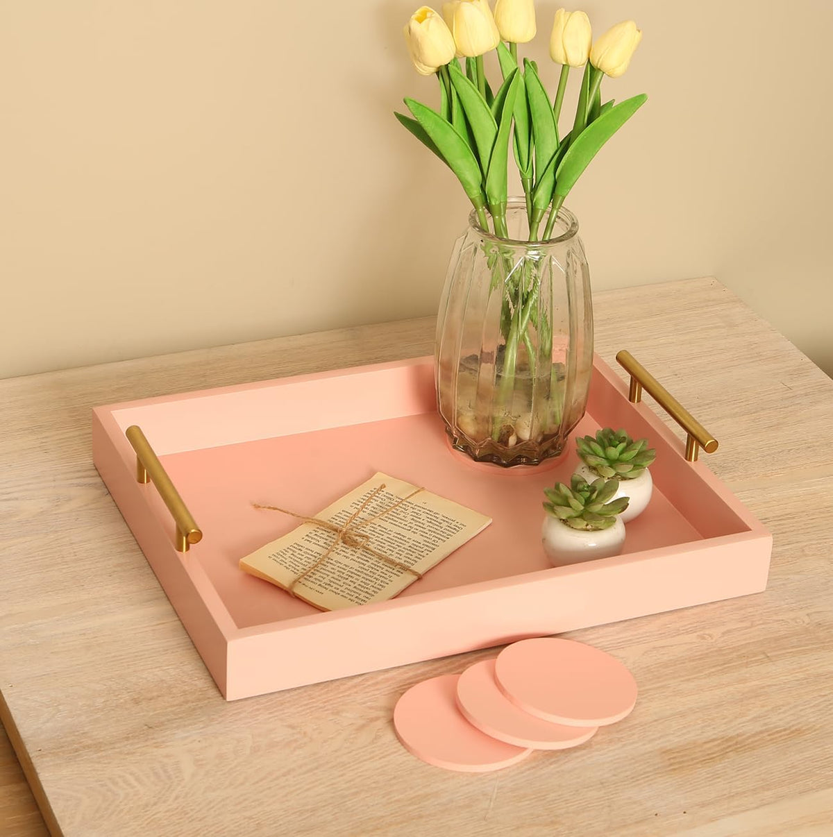 16.5"x13" Pionk Wooden Ottoman Tray, Gold Metal Handles 4 Coasters