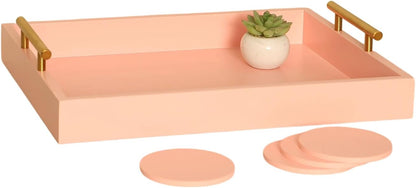 16.5"x13" Pionk Wooden Ottoman Tray, Gold Metal Handles 4 Coasters