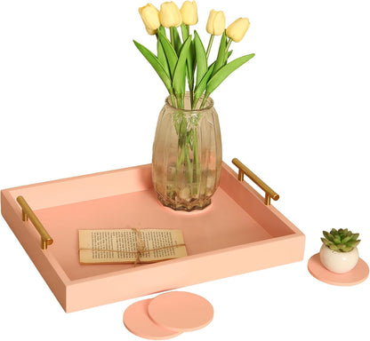 16.5"x13" Pionk Wooden Ottoman Tray, Gold Metal Handles 4 Coasters