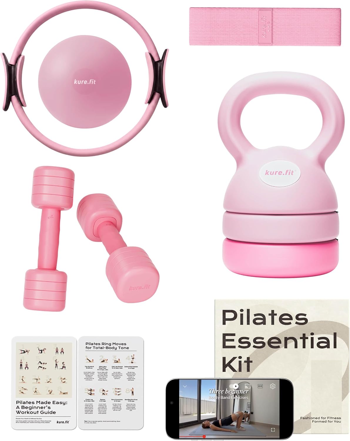 Pink Adjustable Kettlebell 5lb to 12lb Adjustable Dumbbell Set 2lb to 5lb and Pilates Kit Bundle