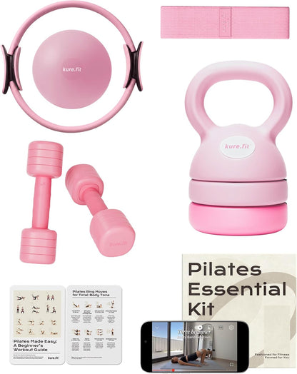 Pink Adjustable Kettlebell 5lb to 12lb Adjustable Dumbbell Set 2lb to 5lb and Pilates Kit Bundle