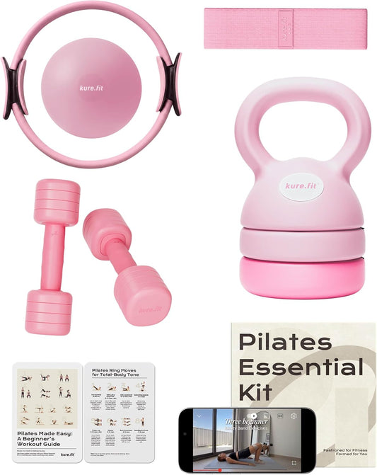 Pink Adjustable Kettlebell 5lb to 12lb Adjustable Dumbbell Set 2lb to 5lb and Pilates Kit Bundle