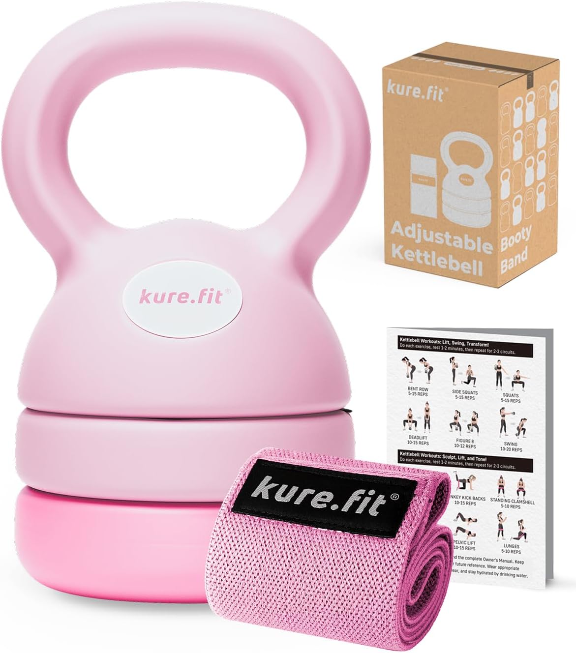 Pink Adjustable Kettlebell 5lb to 12lb Adjustable Dumbbell Set 2lb to 5lb and Pilates Kit Bundle