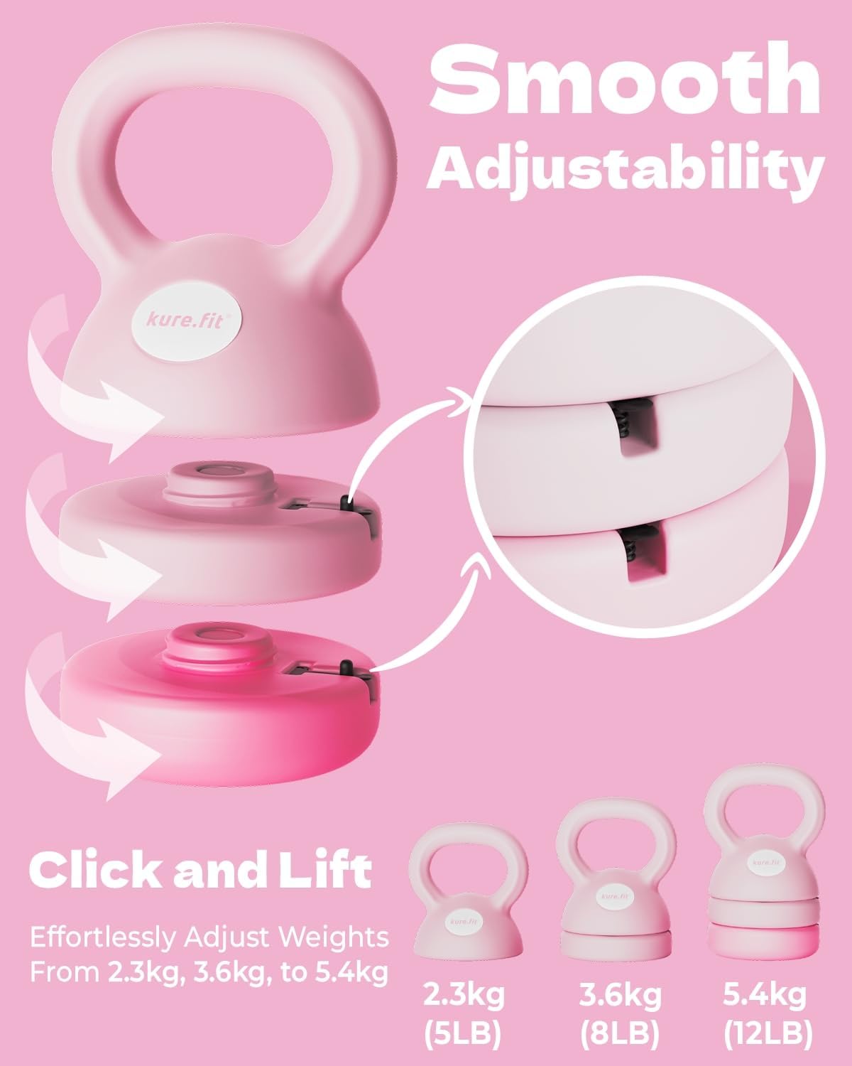 Pink Adjustable Kettlebell 5lb to 12lb Adjustable Dumbbell Set 2lb to 5lb and Pilates Kit Bundle