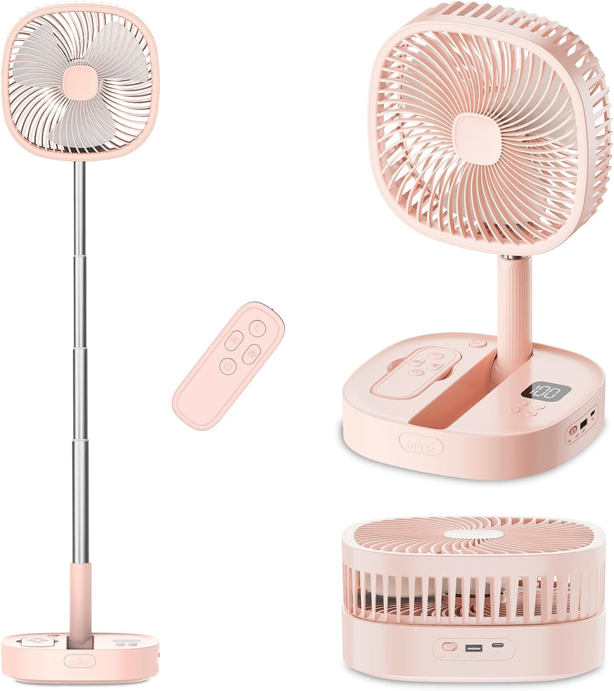 Portable Oscillating Pedestal Fan with Romote, 4 Speed 120° Telescopic Rotation Foldable Standing Collapsible Fans, 7200Mah Rechargeable, Quiet Timer DeskFan for Travel Camping Home, Pink