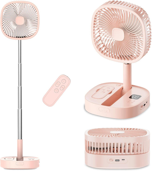 Portable Oscillating Pedestal Fan with Romote, 4 Speed 120° Telescopic Rotation Foldable Standing Collapsible Fans, 7200Mah Rechargeable, Quiet Timer DeskFan for Travel Camping Home, Pink
