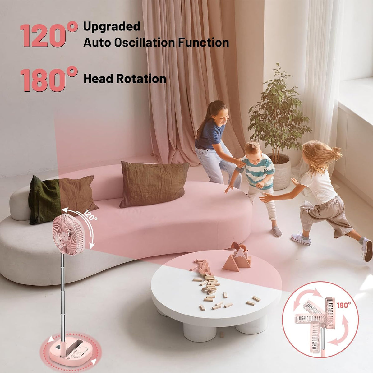 Portable Oscillating Pedestal Fan with Romote, 4 Speed 120° Telescopic Rotation Foldable Standing Collapsible Fans, 7200Mah Rechargeable, Quiet Timer DeskFan for Travel Camping Home, Pink