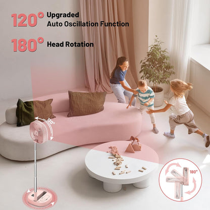 Portable Oscillating Pedestal Fan with Romote, 4 Speed 120° Telescopic Rotation Foldable Standing Collapsible Fans, 7200Mah Rechargeable, Quiet Timer DeskFan for Travel Camping Home, Pink