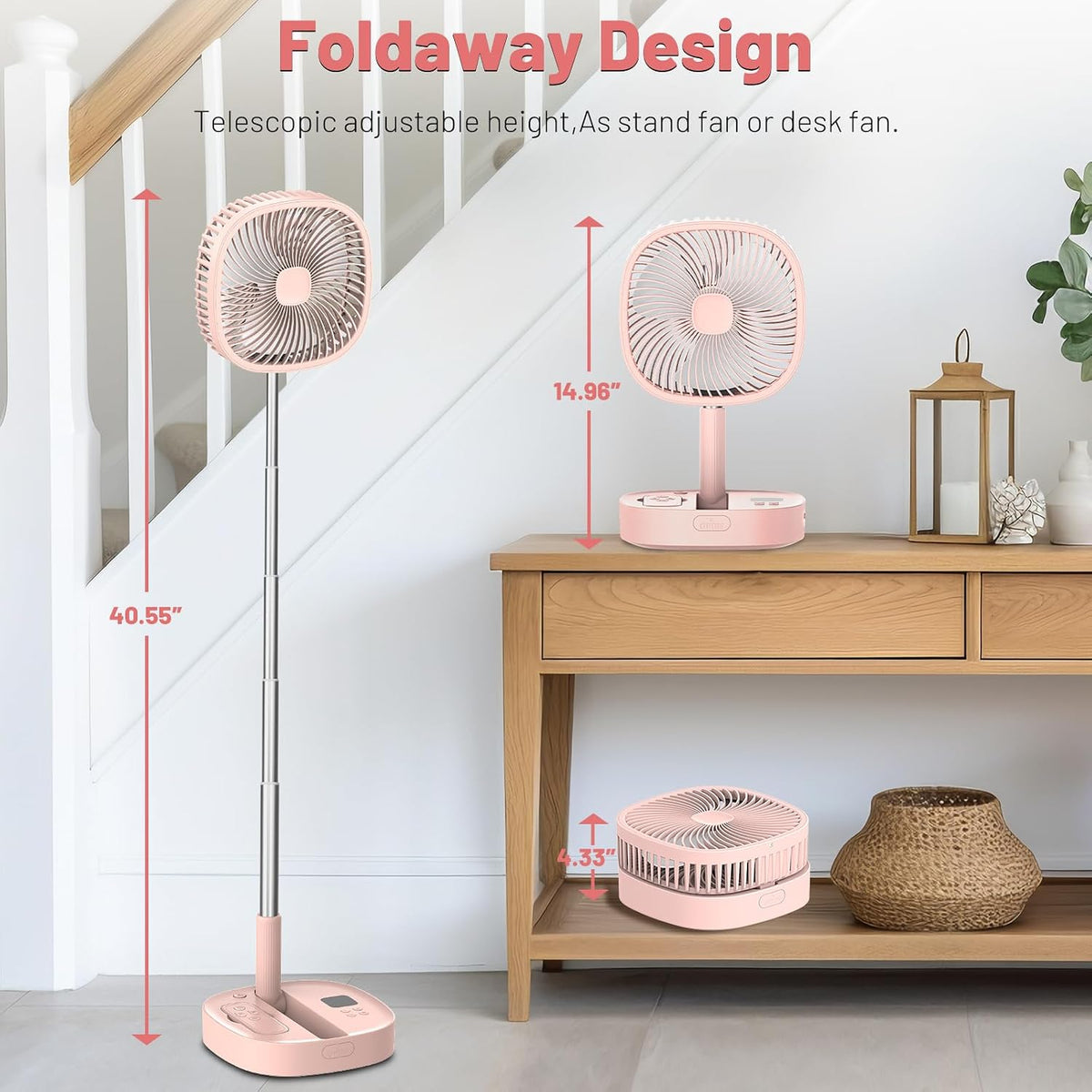 Portable Oscillating Pedestal Fan with Romote, 4 Speed 120° Telescopic Rotation Foldable Standing Collapsible Fans, 7200Mah Rechargeable, Quiet Timer DeskFan for Travel Camping Home, Pink