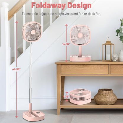 Portable Oscillating Pedestal Fan with Romote, 4 Speed 120° Telescopic Rotation Foldable Standing Collapsible Fans, 7200Mah Rechargeable, Quiet Timer DeskFan for Travel Camping Home, Pink